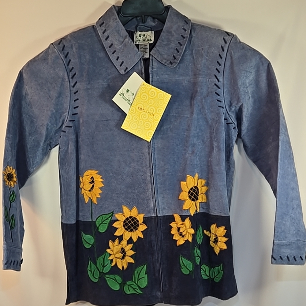 Vintage Quacker Factory Blue Yellow Floral 100% Leather Jacket. Size Med.